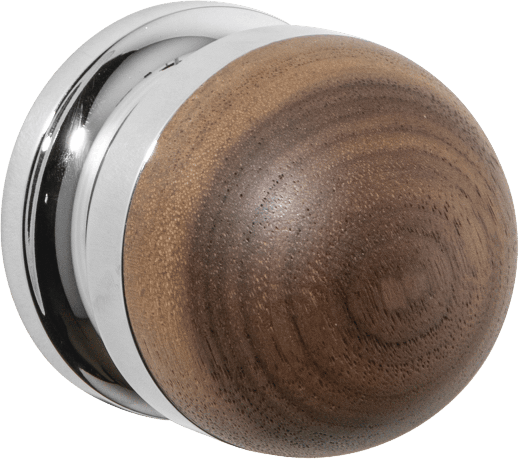 H02 Knob on Rose – Round Rose – American Walnut/Polished Chrome – 30201