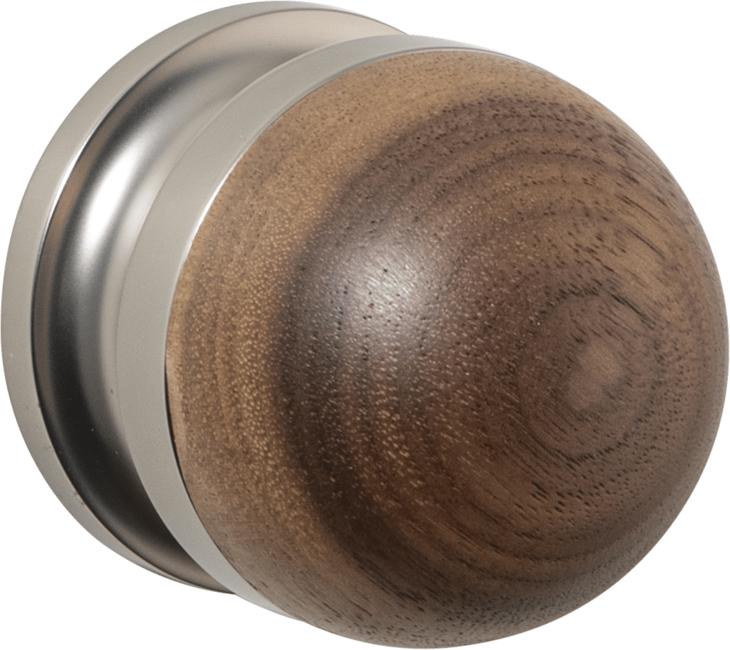 H02 Knob on Rose – Round Rose – American Walnut/Smooth Nickel – 30203